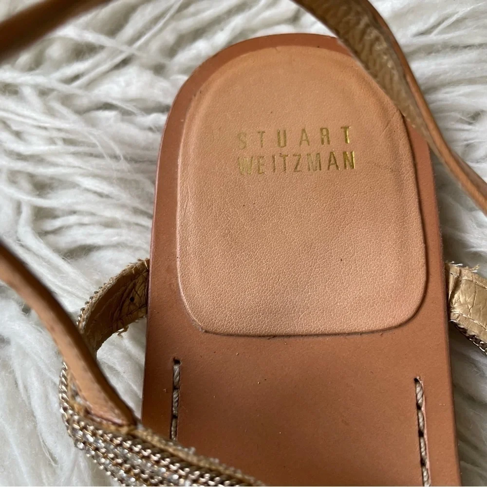 Stuart Weitzman Gold Thongshow Chain Crystals Embellished Flat Sandals Size 8.5